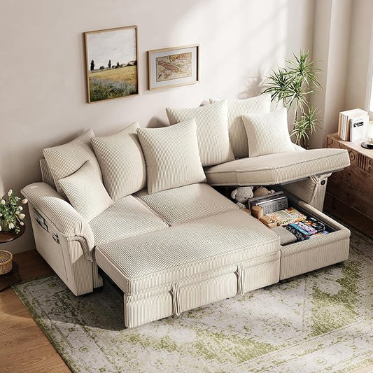 LINSY HOME 90.5'' Sectional Sleeper Sofa with Pull Out Couch Bed Modular (Beige, 90.5'') | USB Charging, Pillow-style Armrest, Multiple Cushions, Storage Chaise, Corduroy Fabric