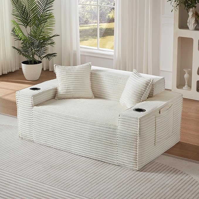 Cloud Loveseat Boneless Sofa Couch in a Box with Cupholders, Modern Corduroy Compressed Sofa for Living Room, 2 Seater High-Density Foam Couch with Pillows, No Assembly Required