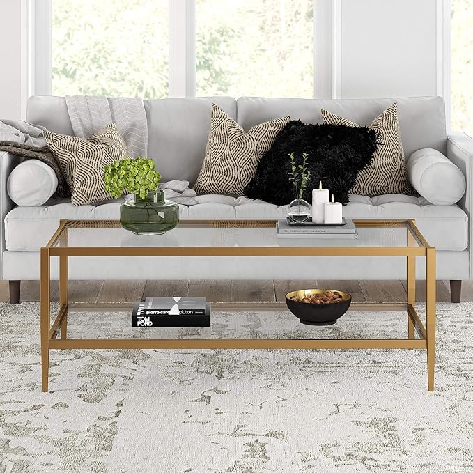 Henn&Hart 45" Wide Rectangular Coffee Table with Glass Shelf in Antique Brass, Coffee Table coffee tables for living room, studio apartment essentials