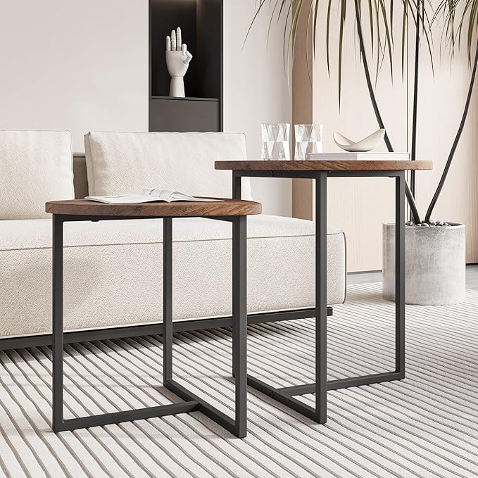 HOJINLINERO Round Coffee Table Set of 2 End Tables for Living Room,Black Small Coffee Table Living Room Table,Metal Frame & Wood,Sturdy and Easy Assembly,Stacking Side Tables Bedroom,Brown
