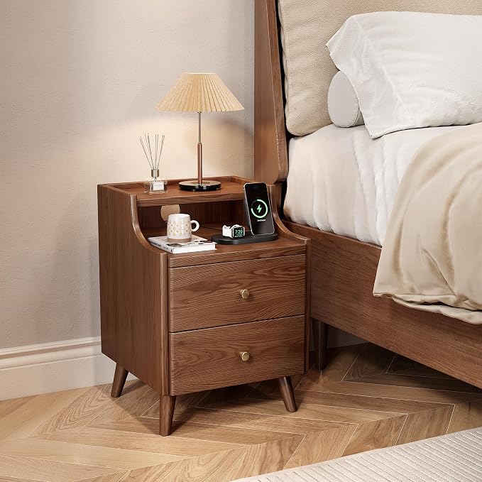 Wood Nightstand, 15.7" Wide Bedside Table with 2/3 Drawers and Large Storage, Solid Wood End Table with Open Shelf & Cable Hole, Modern Storage Cabinet, Walnut, Bedroom & Apartment by IUNVR
