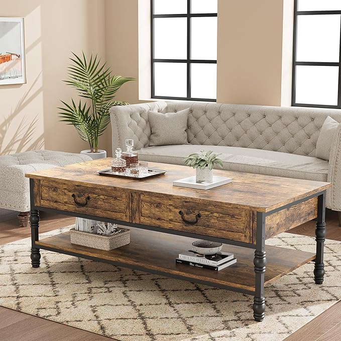 IDEALHOUSE Coffee Table with Drawers 41" Large Center Table with Storage Rectangular Cocktail Table Mid Century Wooden Coffee Tables Retro Living Room Table Vintage Tea Table, Rustic Brown