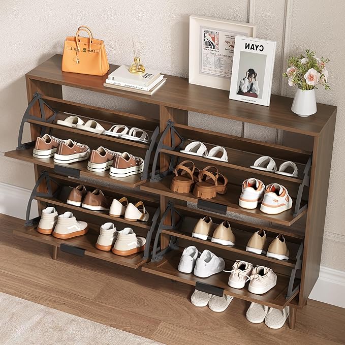 BORNOON Shoe Cabinet for Entryway with 4 Flip Drawers, Slim Wooden Shoe Storage Organizer with Modern Fluted Pannel，Freestanding Narrow Hidden Shoe Rack for Hallway, Foyer, Living Room - Image 3