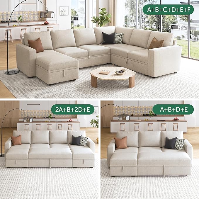 HONBAY Storage Ottoman Module for Sectional Sleeper Sofa with Pull Out Bed, Movable Footrest Ottoman for Modular Couch, Beige