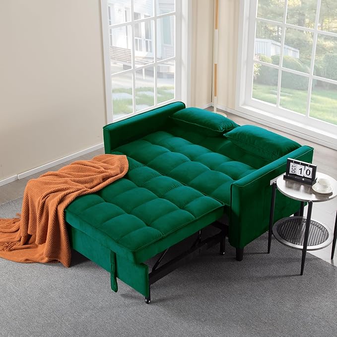 3 in 1 Convertible Sofa Bed, Love Seat Sleeper Bed with Side Pockets, Velvet Fabric Pull Out Couch with Adjustable Backrest for Living Room, Bedroom, Apartment, Dark Green