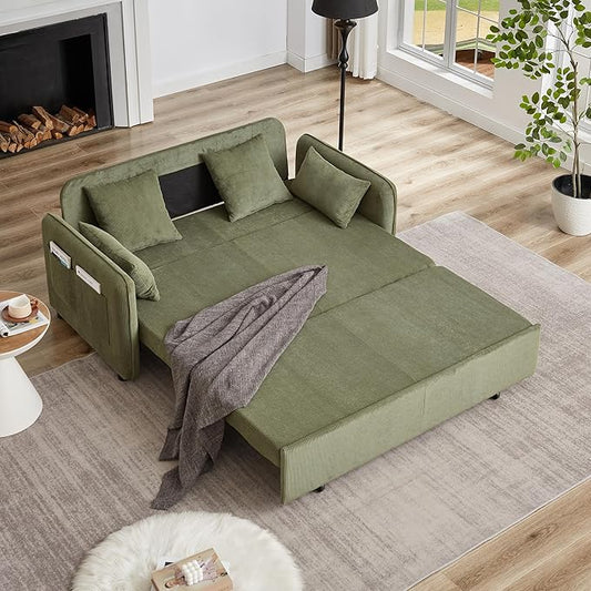 Ball & Cast 66" Convertible Sofa Bed,3-in-1 Corduroy Loveseat Sleeper Pull Out Couch Bed with Pillows and Side Pockets, Deep Seat Comfy Sofa Couches for Living Room,Apartment,Green