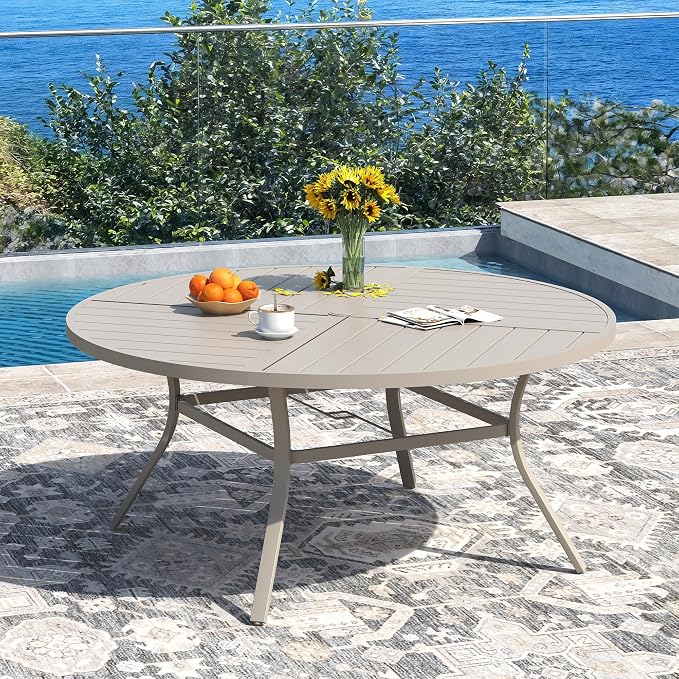 DIFY Patio Dining Set for 10, 11 Piece Outdoor Table and Chairs Set, 59.8" Round Metal Patio Dining Table and 10 Textilene Stackable Patio Chairs, for Backyard Garden Poolside, Sandshell - Image 2