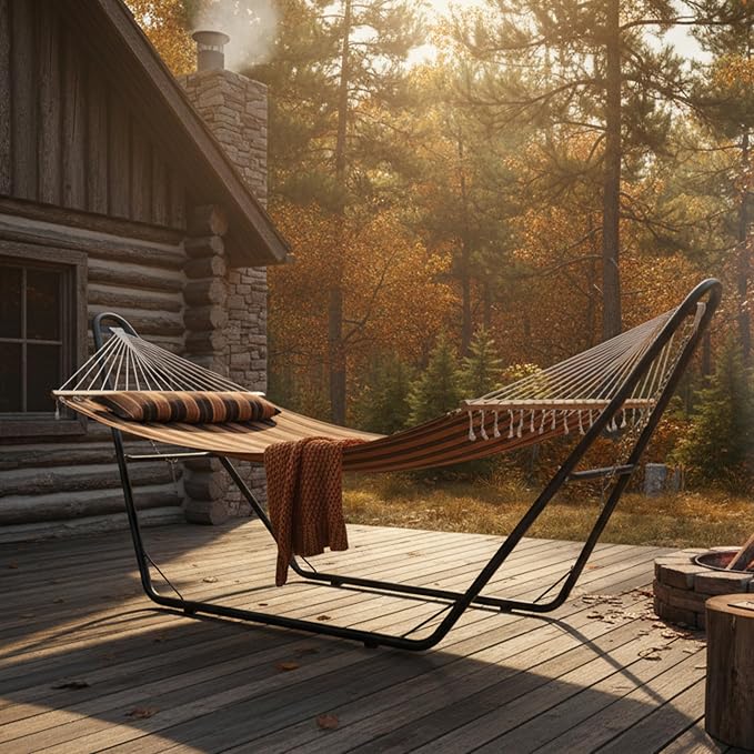 Sunnydaze Double Quilted Fabric Hammock with Universal Steel Stand - 440-Pound Capacity - Black Stand - Woodland Stripe - Image 9