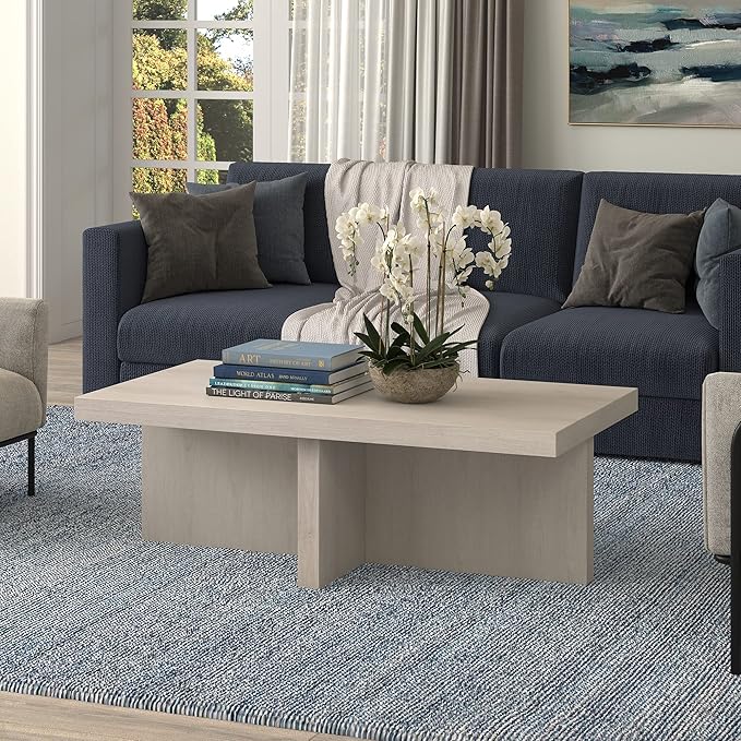 Henn&Hart 44" Rectangular Wood Pedestal Low-Profile Coffee Table for Living Room, Family Room, or Office, Beech White