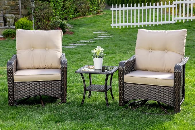 Gotland Outdoor Swivel Chairs Set of 2, 3 Pieces Patio Furniture Set with Thick Cushion, Wicker Rocking Patio Chairs Set of 2, Patio Bistro Set with Double-Layer Coffee Table for Balcony Porch Khaki - Image 9