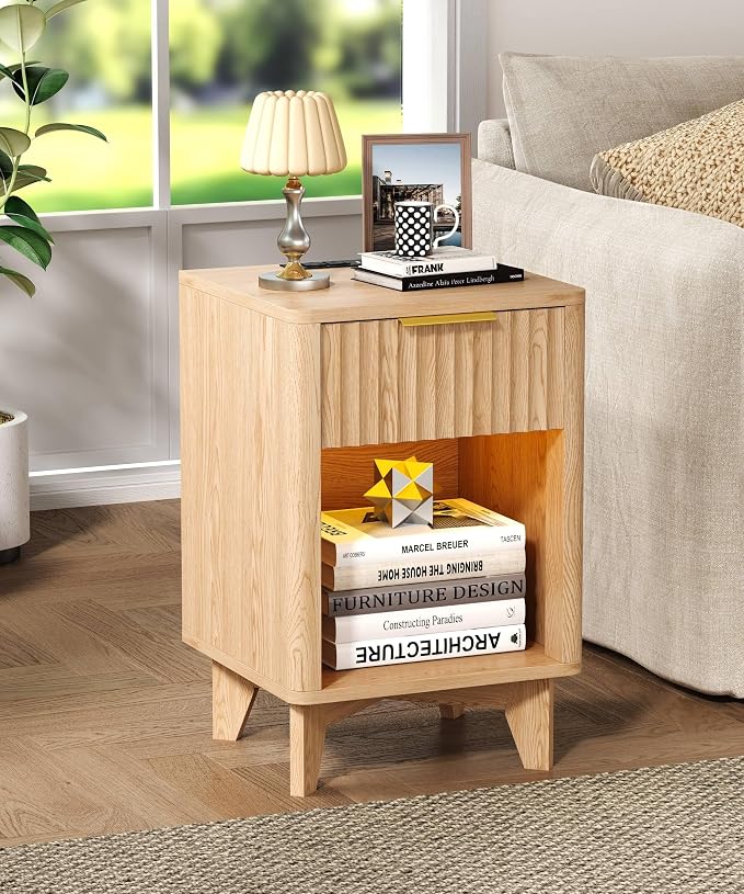 Fluted Nightstand Set of 2, Wooden Night Stand with Charging Station and LED Light, Modern Mid Century End Table with Drawer, Bedside Table for Bedroom, Natural Oak - Image 7