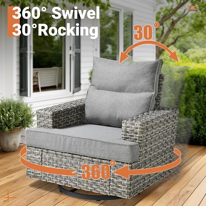 ovios 9 Piece Patio Sectional Furniture with Swivel Rocking Chairs, Rattan Wicker Coversation Set with Glowing Coffee Table, Outdoor Sofa Set for Outside Porch Balcony Backyard Pool,Dark Grey