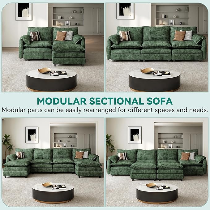 DWVO 142" Modular Sectional Sofa, Modern U Shaped Couch with Movable Ottoman, Pillow-Armrest, Velvet 6 Deep Seat Cloud Couch for Living Room, Green