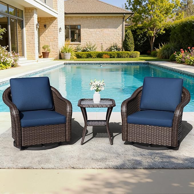 Outdoor Swivel Chairs with Side Table, Patio Wicker Chairs, Outside Conversation Furniture Set with Washable Cushions for Sunroom, Gazebo, Poolside (Navy Blue)