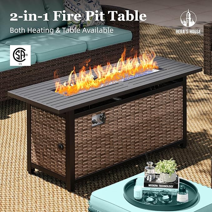 HERA'S HOUSE Swivel Glider Patio Furniture Set with Fire Pit Table, 6 Pieces Outdoor Seating Furniture Wicker Conversation Sets for Deck Backyard Lawn, Blue