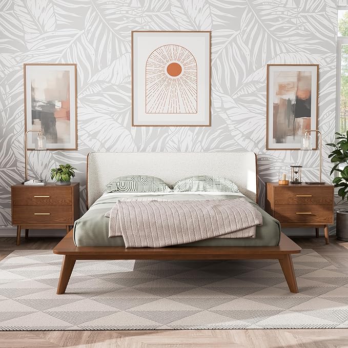 Furniture of America Wyatt Modern Solid Wood Bedroom Collection with Queen Bed Frame and Nightstands Set of 2, No Box Spring Needed, Walnut, Boucle Wingback Low Profile, 3-Piece Set