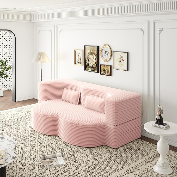 KEIKI Corduroy Floor Sofa Convertible Couch, Full Size 15" Foam Folding Mattress Sleeper Sofa Bed with 2 Pillows, Lounge Floor Couch for Bedroom & Living Room, Baby Pink