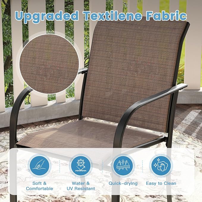DIFY Patio Dining Set for 6, 7 Piece Outdoor Table and Chairs Set, 47.2" Black Round Metal Patio Dining Table and 6 Brown Textilene Stackable Patio Chairs, for Backyard Garden Poolside - Image 6