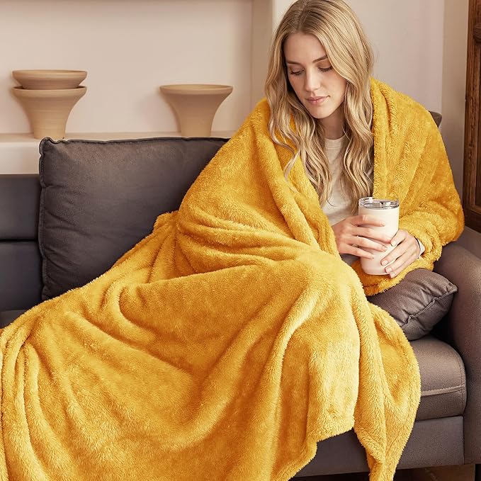 Exclusivo Mezcla Plush Fuzzy Fleece Throw Blanket Extra Large, Super Soft, Fluffy and Warm Blankets for Couch, Bed, All Season (Mustard Yellow, 50x70 inches)