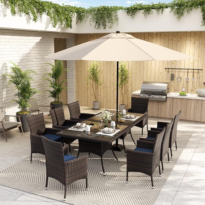 ALAULM 10 Piece Patio Dining Set All-Weather Wicker Outdoor Dining Table and Chairs w/Tempered Glass Tabletop, Removable Cushions and Umbrella Hole for Patio, Backyard, Garden, Poolside -DarkBu - Image 3