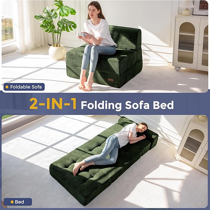 MAXYOYO 8" Folding Sofa Bed, Convertible Sleeper Sofa Lounger Foldable Mattress, Wedge Shape Floor Couch Tufted Fold Out Chair Bed Comfy Floor Couch Lounge for Living Room Bedroom, Single, Dark Green
