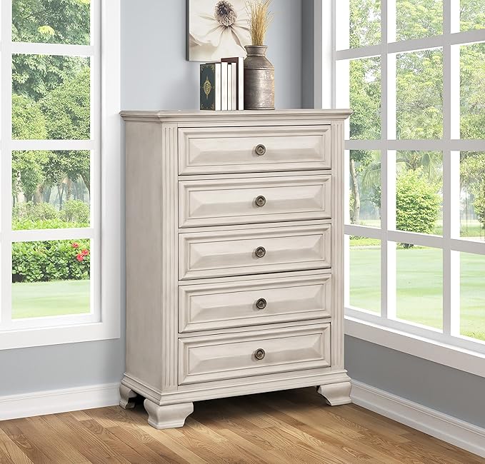 Roundhill Furniture Renova Distressed Parchment Wood Bedroom Set, Queen Panel Bed, Dresser, Mirror, Nightstand, Chest
