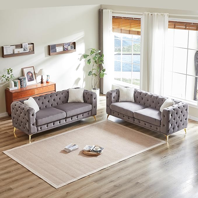 KEIKI 2-Piece Luxury Chesterfield Sofa Set with 2 Velvet 3-Seater Sofa, Mid-Century 6-Seater Tufted Buttons Couch Set with 4 Pillows & High-Density Foam Cushions, Easy Assembly, for Living Room, Grey