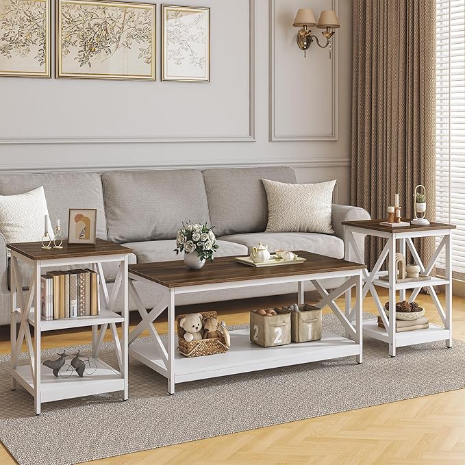 Bigbiglife Living Room Coffee Table Set of 3, Industrial X-Design Coffee Table and 2 End Side Tables, 3 Piece Living Room Table Set with Large Storage for Apartment Home (White+Walnut Brown)