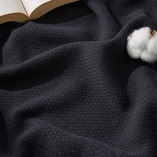 Bedsure GentleSoft 100% Cotton Large Throw Blanket for Couch 50x70 inches - Breathable and Lightweight, Soft Cozy Herringbone Woven Cotton Throw for Summer, Black Office Chair Blanket
