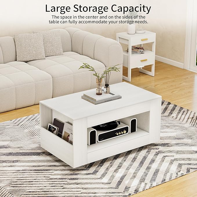 39" Wood Coffee Table for Living Room, Sides Storage with Transparent Legs, Minimalist Modern 2-Tier Storage Shelf Center Table for Home Office, Apartment, White
