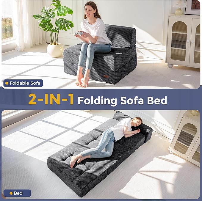 MAXYOYO 8" Folding Sofa Bed, Convertible Sleeper Sofa Lounger Foldable Mattress, Wedge Shape Floor Couch Tufted Fold Out Chair Bed Comfy Floor Couch Lounge for Living Room Bedroom, Single, Dark Grey