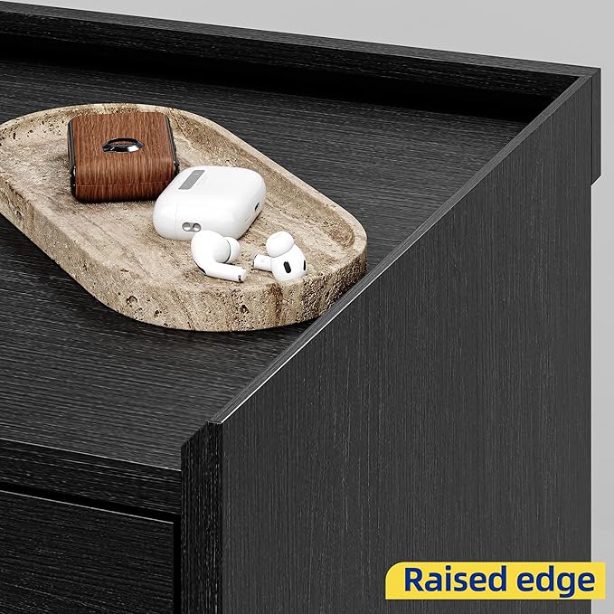 4PC Bedroom Furniture Set, Black Wood Grain 6-Drawer Dresser & 2 Charging Nightstands with Metal Handles, USB & Type-C Ports, AC Outlets, Open Shelf, Raised Edge Top, for Bedroom Apartment