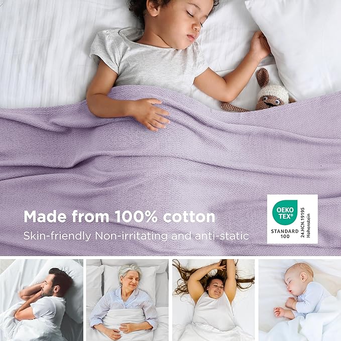 Bedsure GentleSoft 100% Cotton Large Throw Blanket for Couch 50x70 inches - Breathable and Lightweight, Soft Cozy Herringbone Woven Cotton Throw for Summer, Light Purple Office Chair Blanket