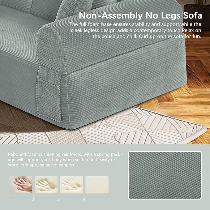 83" Modern Sofa in a Box, No Assembly Oversized 3 Seater 28" Deep Seat Cloud Sofa Bed Couch with 4 Furry Pillows & Corduroy Fabric, Boneless Couch with Side Storage Pockets for Living Room, Light grey