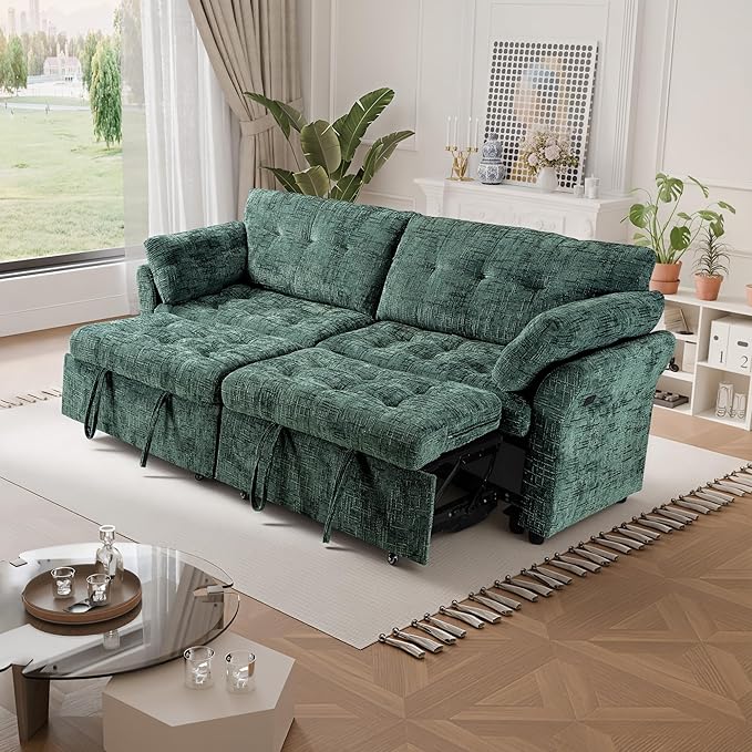 Casaphoria 3 in 1 Sleeper Sofa Bed Reclining Convertible Couch with USB & Wheels – Adjustable Lounge Chair for Living Room Apartment 3-Seater 89.8 Inch in Green