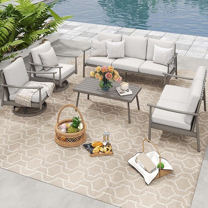 HAPPATIO Outdoor Furniture Set - 5 Piece Aluminum Patio Conversation Set with 1 Coffee Table, 2 Swivel Chairs, Loveseat and 3-Seat Sofa, Aluminum Patio Furniture Set for Backyard Deck Poolside (Grey)