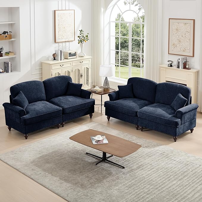 KEIKI Mid Century Modular Sofa with Flared Arms and Skirted Design, 76" Loveseat Chenille Sectional Couches Set for Living Room, Soft Apartment Size Couch, Home Sofa Bedroom Furniture, Blue