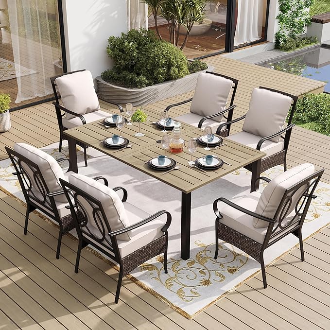 SUNSHINE VALLEY 7 Piece Patio Dining Sets for 6, Outdoor Table and Chairs with Cushioned Wicker Patio Dining Chairs & Wood-Like Dining Table (1.61-2”Umbrella Hole), Outdoor Dining Sets for Backyard by SUNSHINEVALLEY