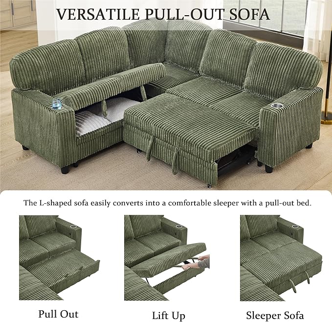 ERYE L-Shaped Symmetrical Sleeper Sectional Sofa W/Pull Out Sleeper Couch Bed and Storage Seat for Living Room, Corduroy Tufted Corner Convertible Sofa Bed with USB-C Ports