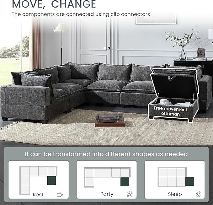 Ball & Cast Oversized U Shaped Sectional Couch with Movable Storage Ottoman,7 Seat Chenille Upholstered Sectional Sofa w/9 Pillows,DIY Combination,Wide Seat Couches for Living Room,Office,Gray