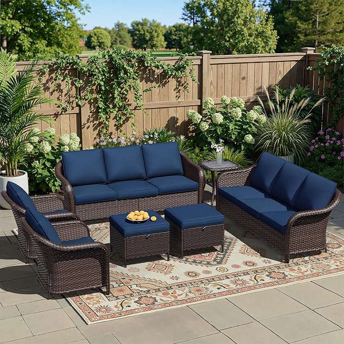 7 Piece Patio Wicker Conversation Set, 2 All-Weather Use Outdoor Wicker Sofa with 2 PE Rattan Ottomans,2 Chair, 1 Side Table, Ideal for Porch, Backyard, Balcony, Poolside, Blue