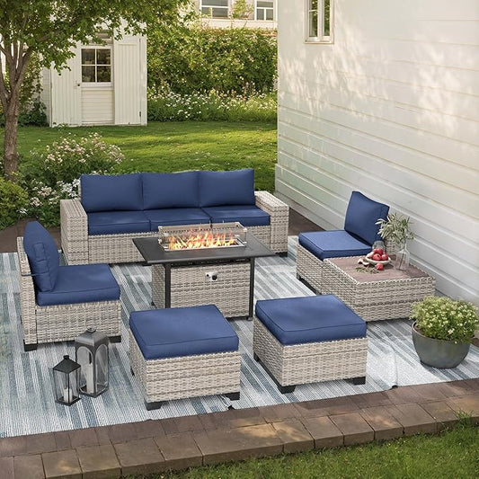 9-Piece Outdoor Patio Furniture Set with 55,000 BTU Fire Pit Table, PE Wicker Rattan Sectional Sofa Patio Conversation Set with Ottomans & Coffee Table, Dark Blue