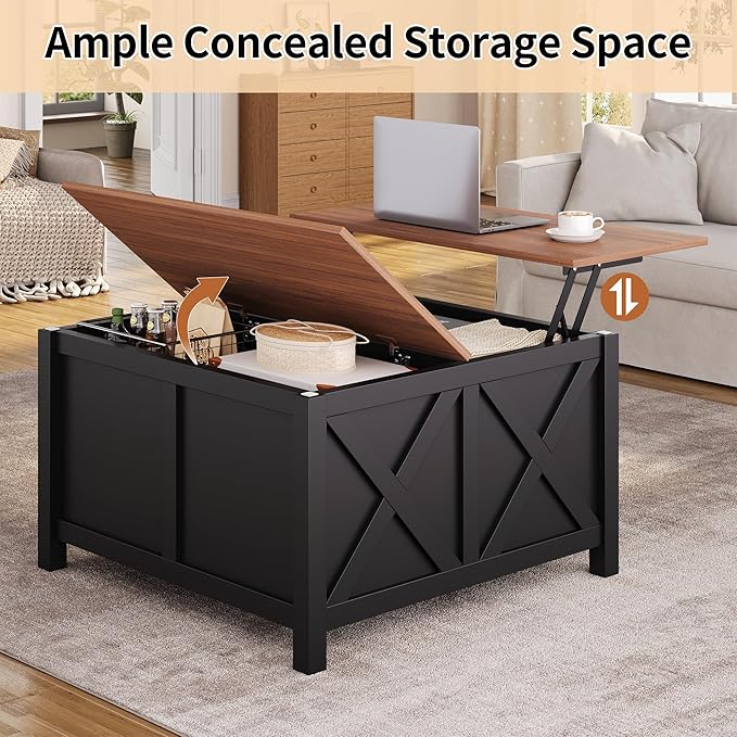 Lift Top Coffee Table with Storage, 31.5" Farmhouse Coffee Tables with Wooden Lift Tabletop and Hidden Compartment Square Center Table for Living Room, Small Space Home Office, Black