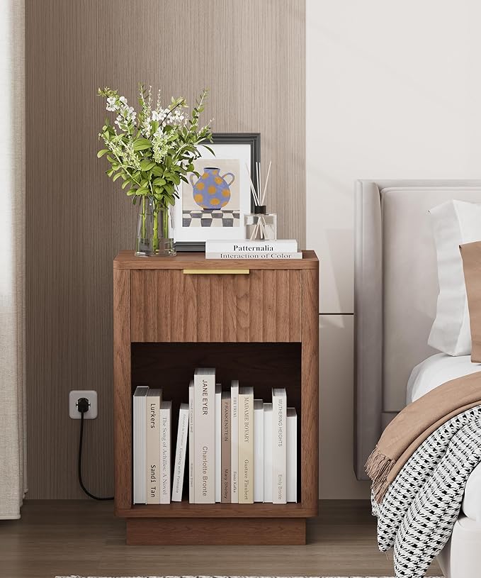 Akxomel Fluted Nightstands Set of 2, Wooden Night Stand with Charging Station and LED Light, Modern Mid Century End Table with Drawer, 15" D x 15.7" W x 22.6" H, for Bedroom, Walnut - Image 5