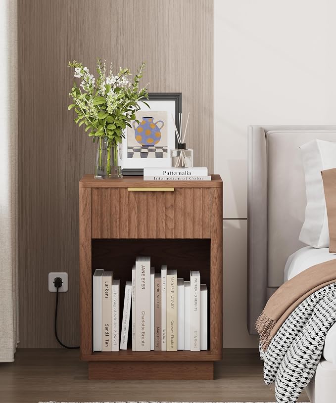 Akxomel Fluted Nightstand, Wooden Night Stand with Charging Station and LED Light, Modern Mid Century End Table with Drawer, 15" D x 15.7" W x 22.6" H, for Bedroom, Walnut - Image 2