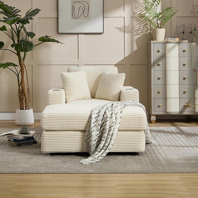 KEIKI Oversized Accent Chair with Ottoman, Chaise Lounge Chair Indoor with Cupholders, Oversized Sofa Bed, Deep Seat Sleeper Couch Reading Chairs for Living Room, Beige