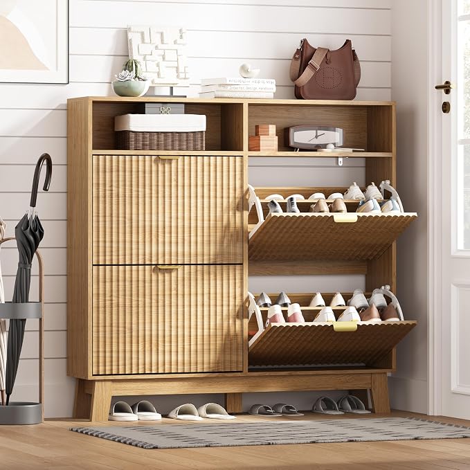 HUANLEGO Shoe Cabinet Storage for Entryway with 4 Flip Drawers, Fluted Narrow Shoe Organizer with Wooden Legs & Top Cubby, Freestanding Slim Shoe Storage Hidden Shoe Rack for Front Door Entrance, Oak by HUANLEGO