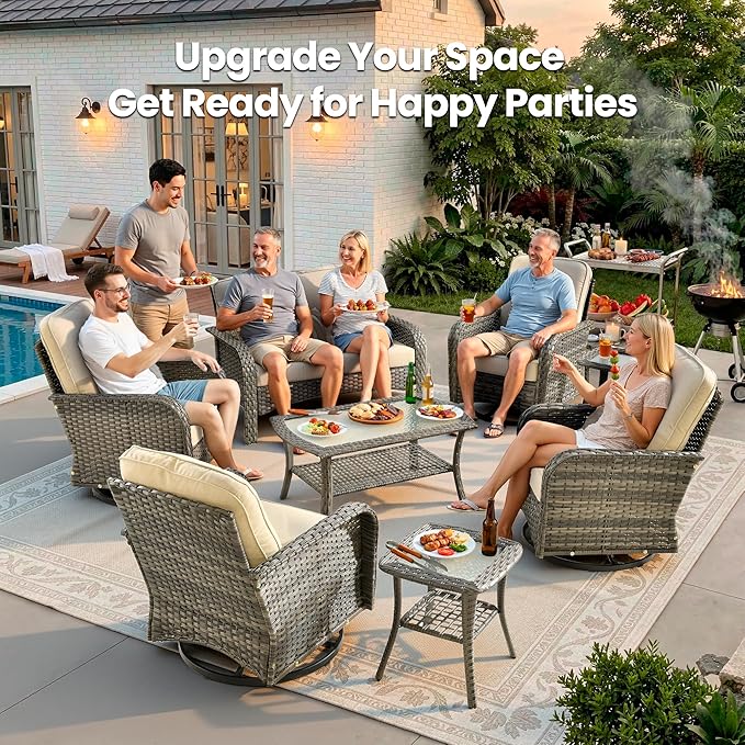 Weaxty 8 Pieces Outdoor Patio Furniture Sets with Swivel Rocking Patio Chairs and Loveseat Sofa,Coffee Table,All Weather Wicker Conversation Set for Deck Backyard Porch Poolside,Beige