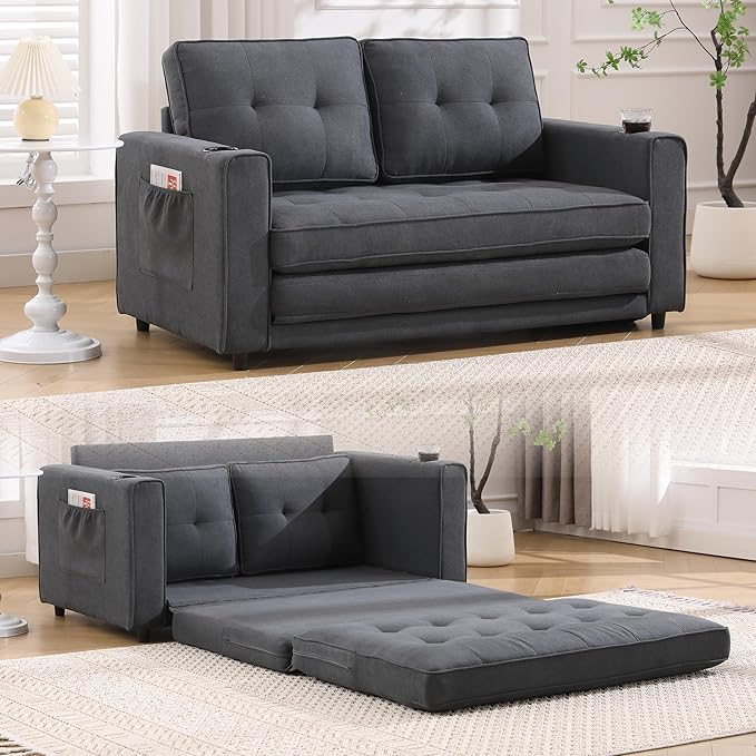ERYE Foldable Loveseat Sofa Convertible Pull Out Sleeper Sofabed,2 Seat Tufted Upholstered Sofa Modern Convertible Sleeper Couch Bed with Cupholders and Side Pockets