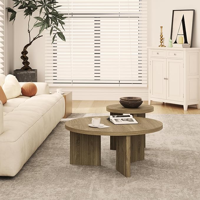 Nesting Coffee Table Set of 2, Modern Wooden Coffee Table with Smooth Thick Design, Circle Tea Table and End Table Set, Accent Center Tables for Living Room, Office, Walnut